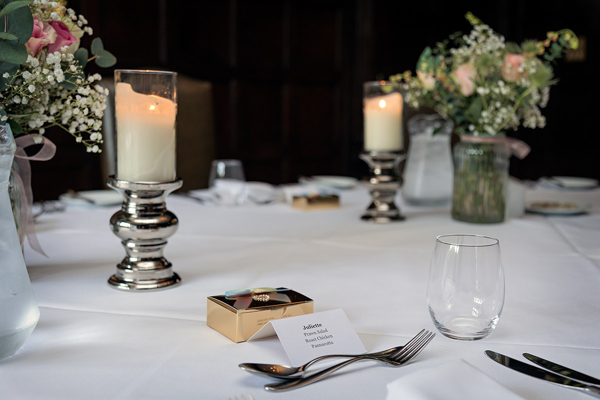 wedding breakfast table setting at Audleys Wood Hotel